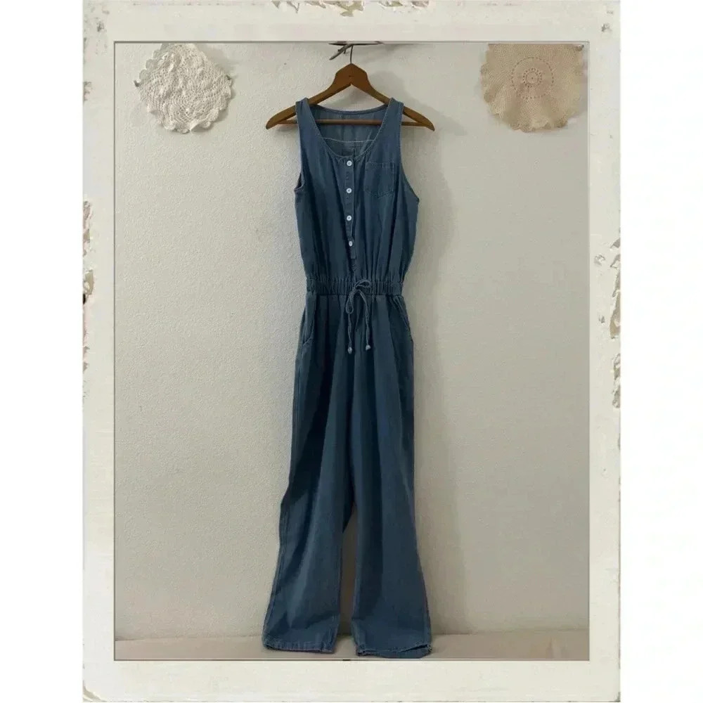 Vintage Blue Denim Baggy Button Festival Hippie Wide Leg Overalls Jumpsuit